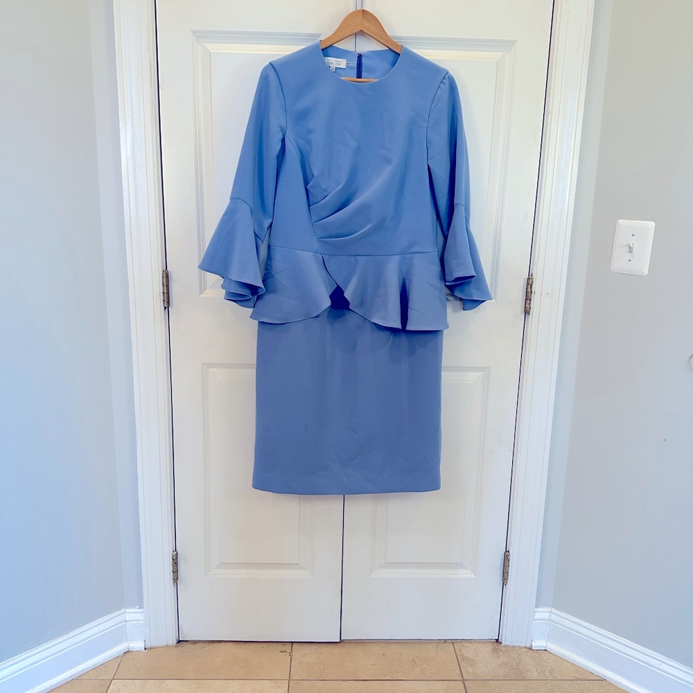 Rickie Freeman For Teri Jon Pleated Bell-Sleeve Peplum Midi Dress (14)